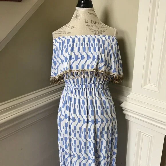 Skemo Beaded Maxi Dress Womens Small Blue White Sleeveless Tube Cover Up Ruffle - Picture 3 of 12